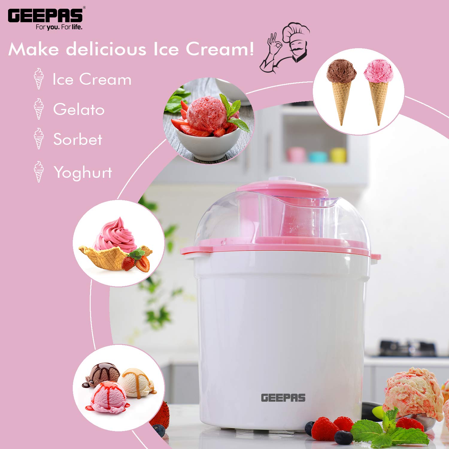 Geepas Ice Cream Maker Machine Makes Delicious Homemade Soft Ice Cream, Gelato, Frozen Yoghurt & Sorbet |1.7L Aluminum Removable Inner Bowl | Detachable Mixing Paddle | 1 Year Warranty Geepas Ice Cream Maker Machine Makes Delicious Homemade Soft Ice Cream, Gelato, Frozen Yoghurt & Sorbet |1.7L Aluminum Removable Inner Bowl | Detachable Mixing Paddle | 1 Year Warranty